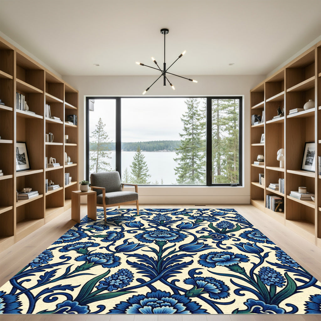 Deep Blue Floral Vine Cover Rug