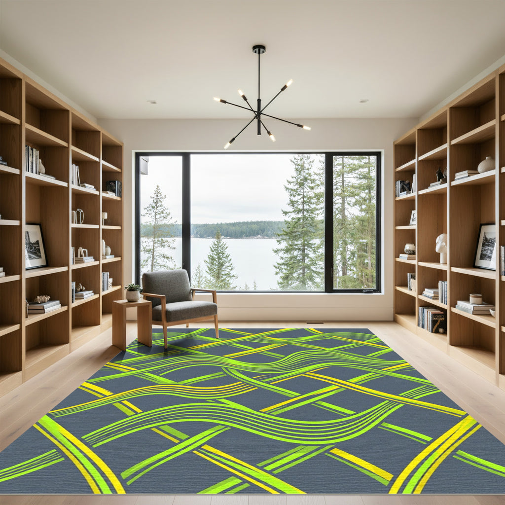 Vibrant Neon Lime Wavy Intersecting Lines Rug