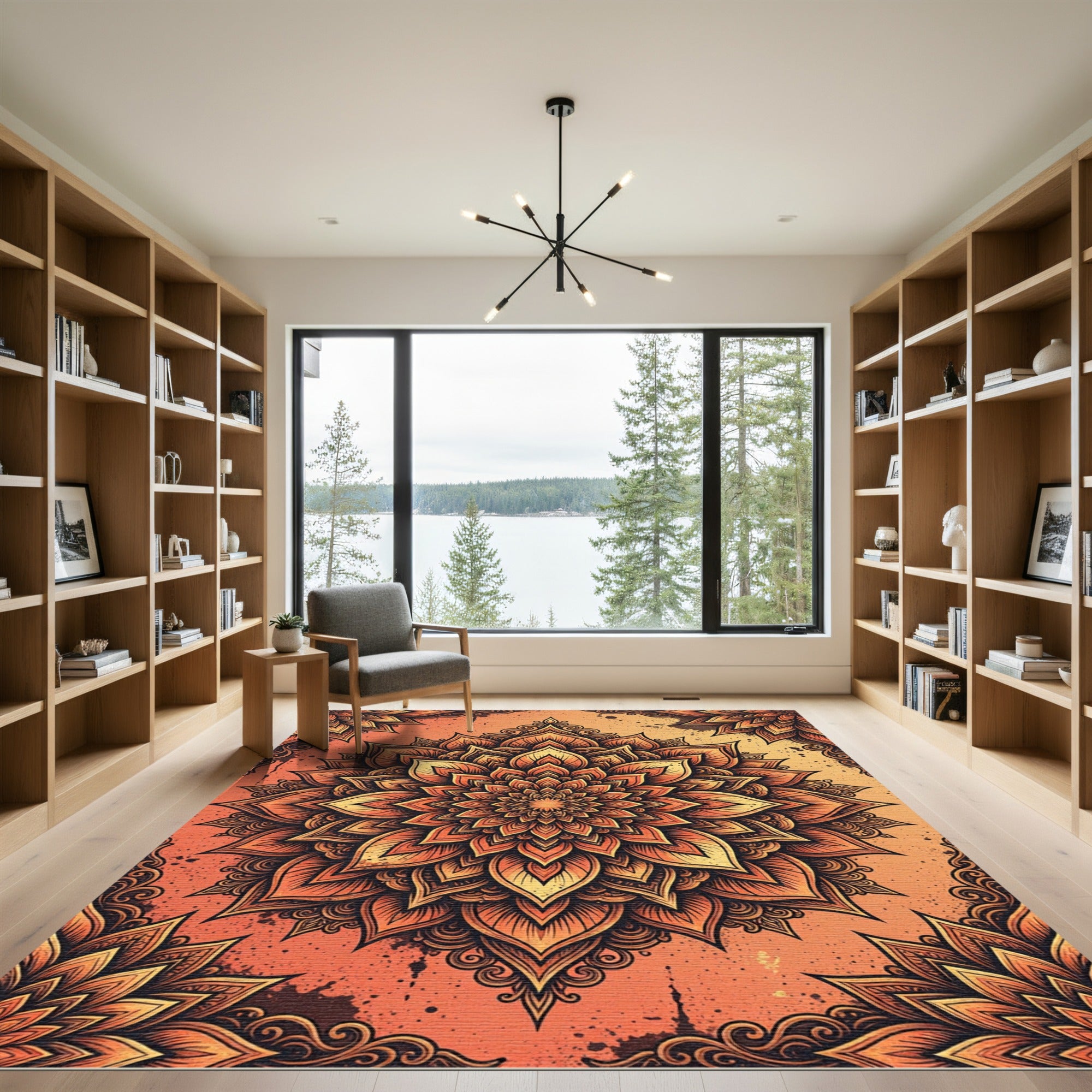Sunset Orange Floral Lotus Mandala Rug