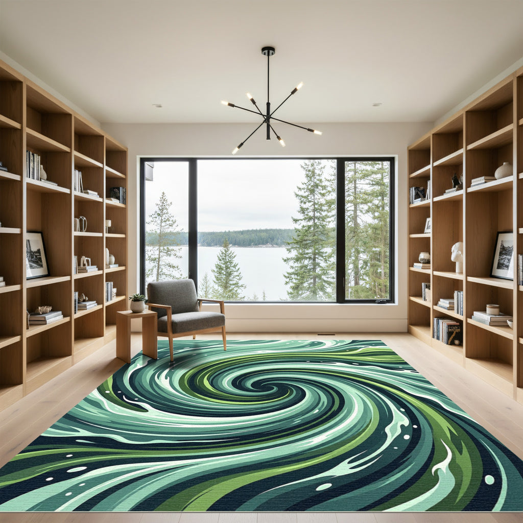 Abstract Emerald Green Whirling Water Swirl Rug