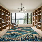 Modern Gold and Teal Wavy Grid Rug