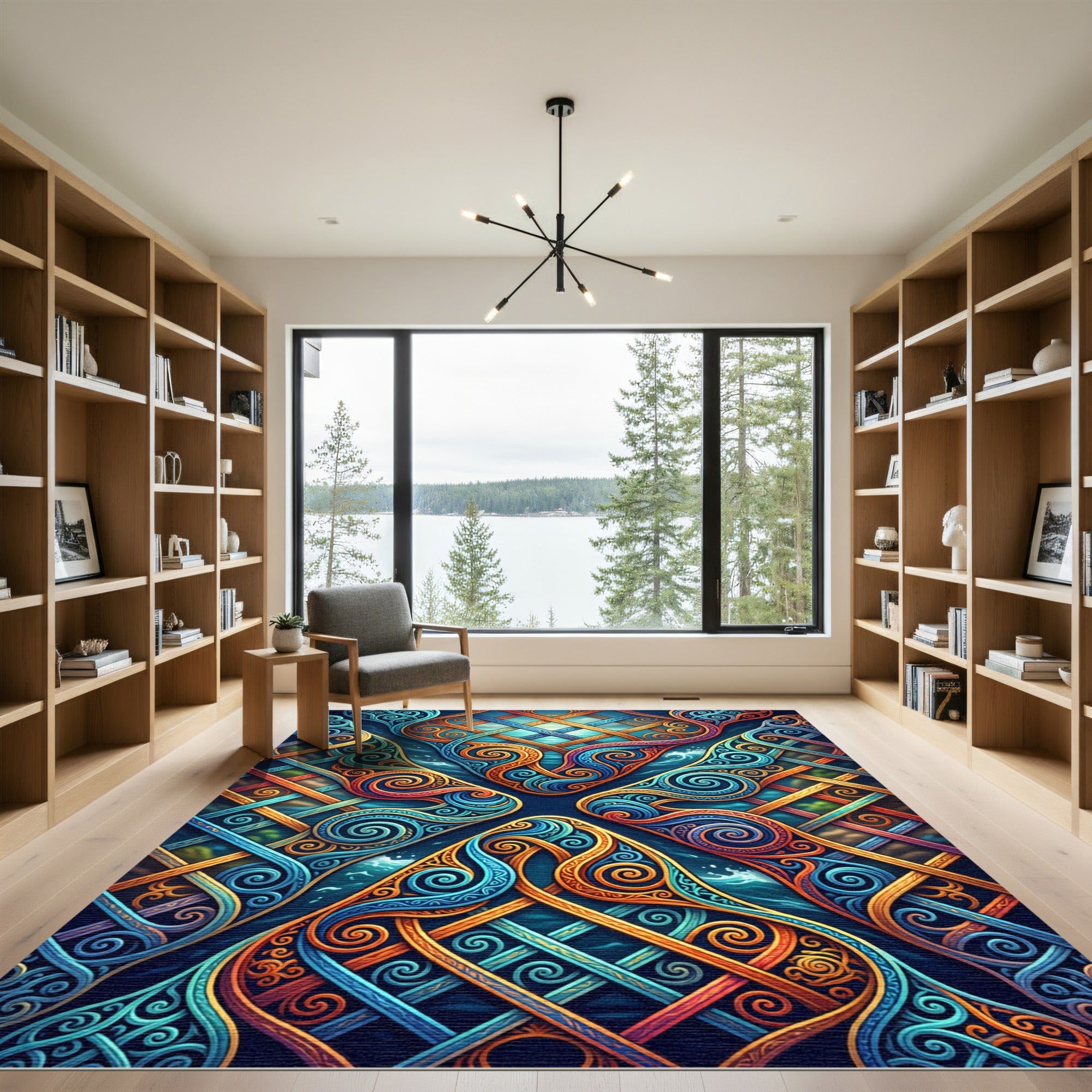 Intricate Blue Orange Swirl Knotwork Rug