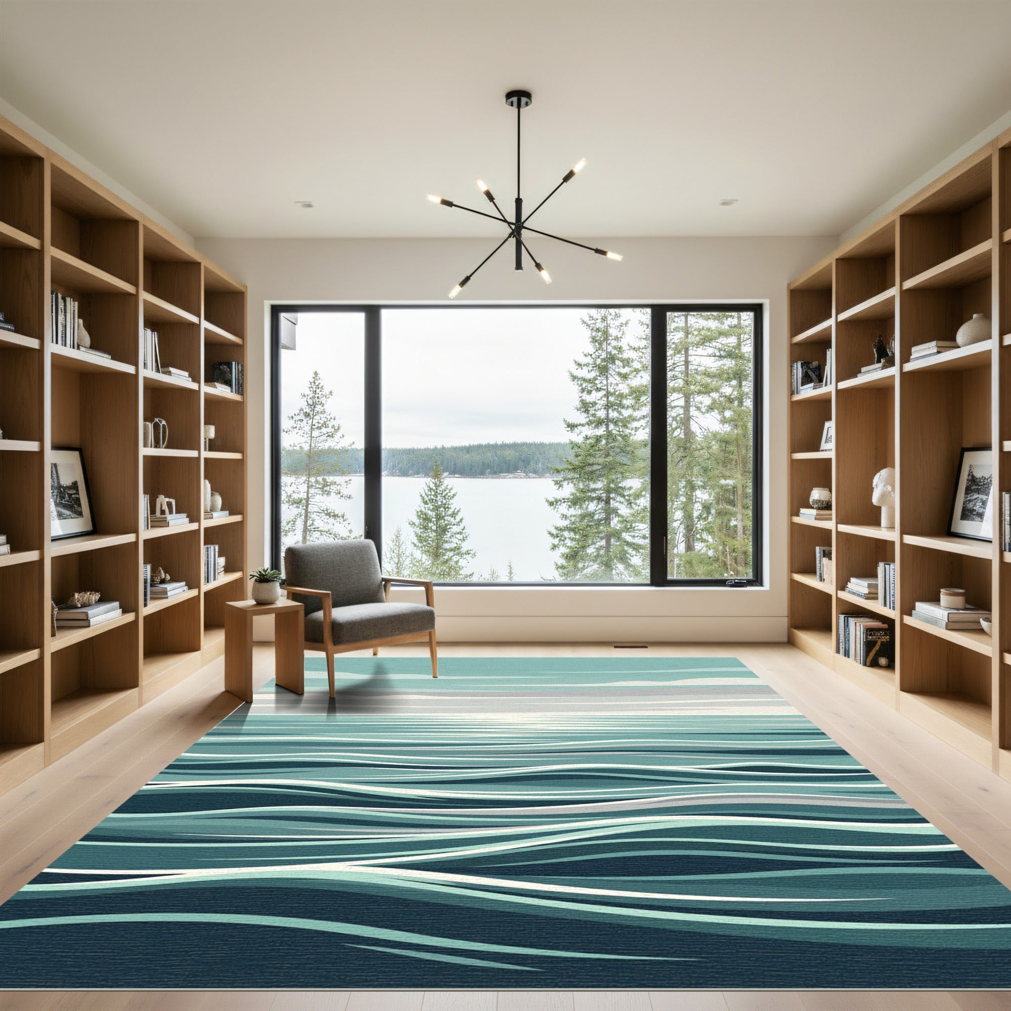 Abstract Teal Ocean Wave Horizon Rug