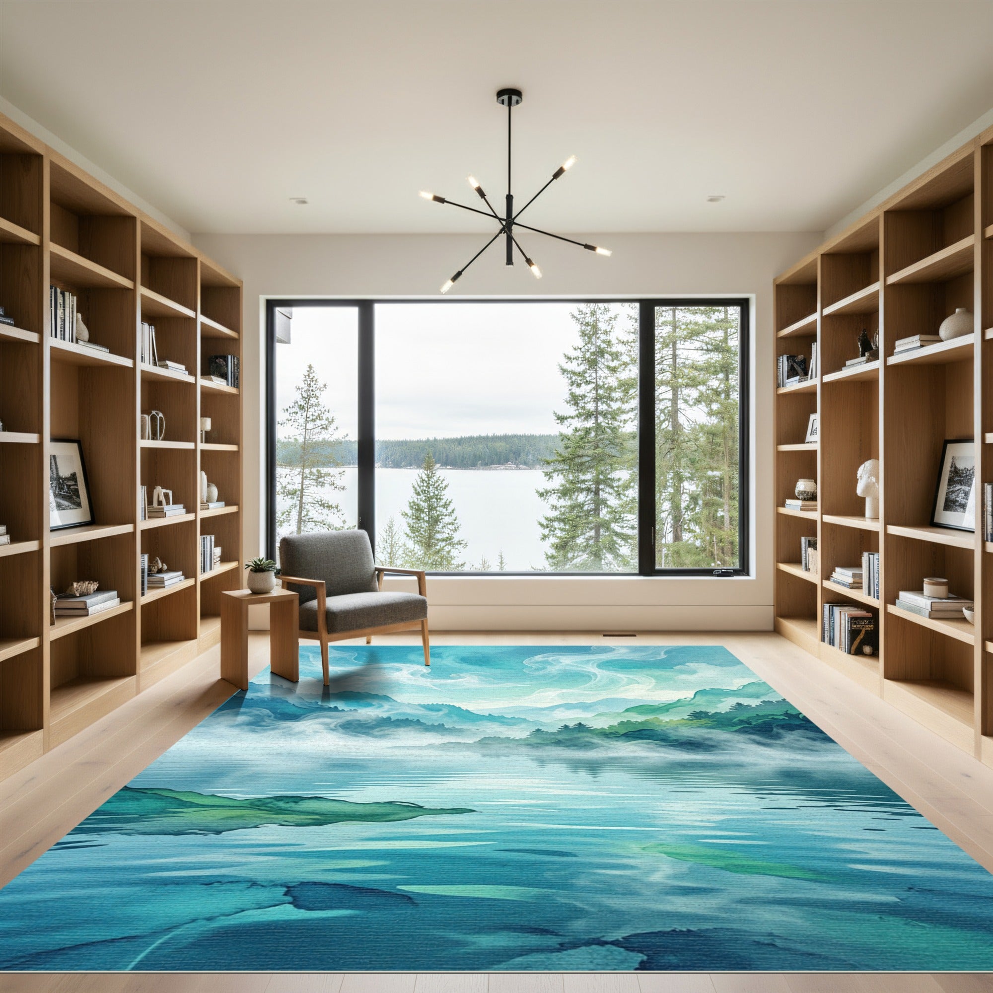 Ethereal Misty Mountains and Serene Lake Rug