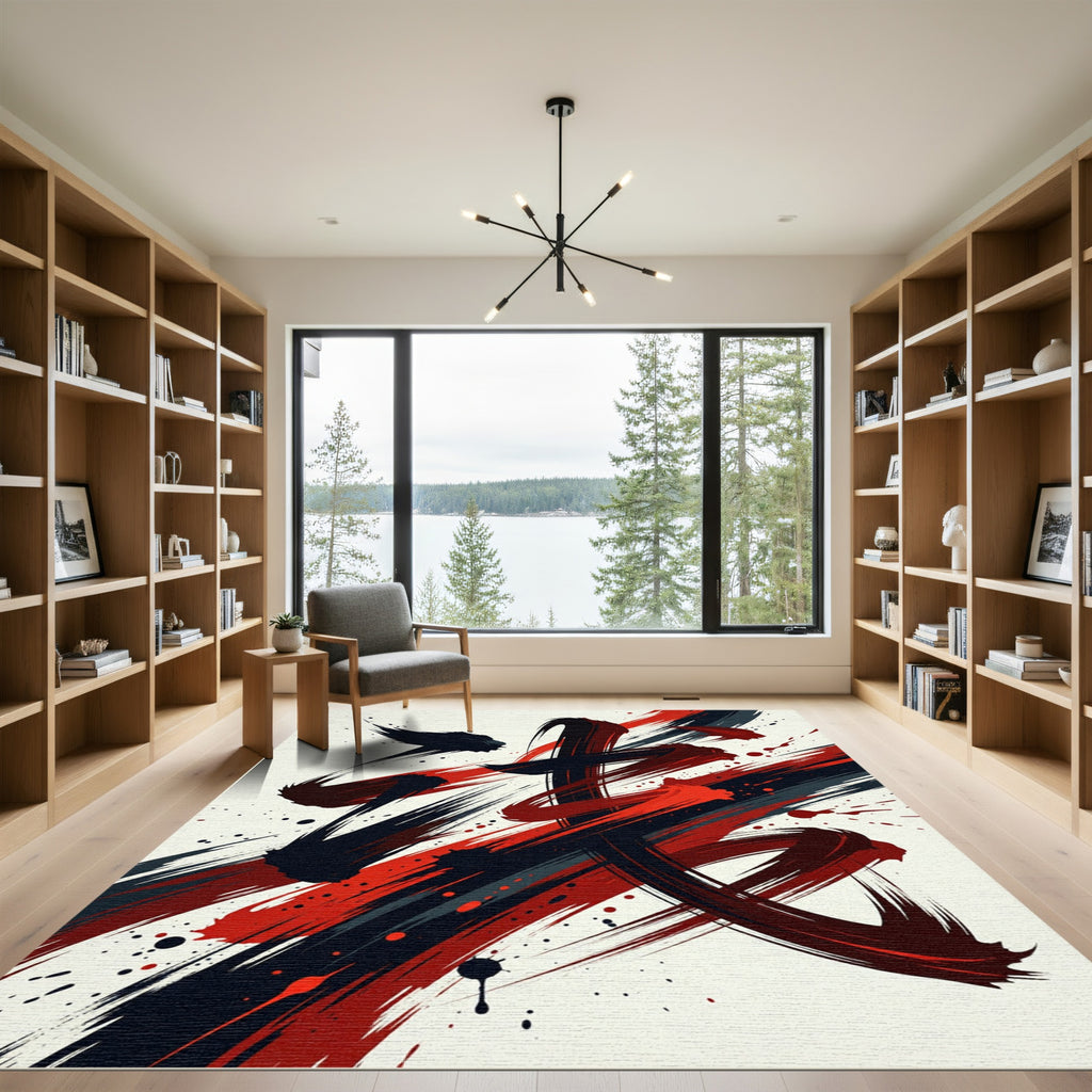 Bold Red and Black Abstract Brushstroke Rug