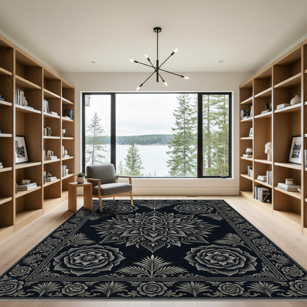 Elegant Charcoal Floral Mandala Medallion Rug
