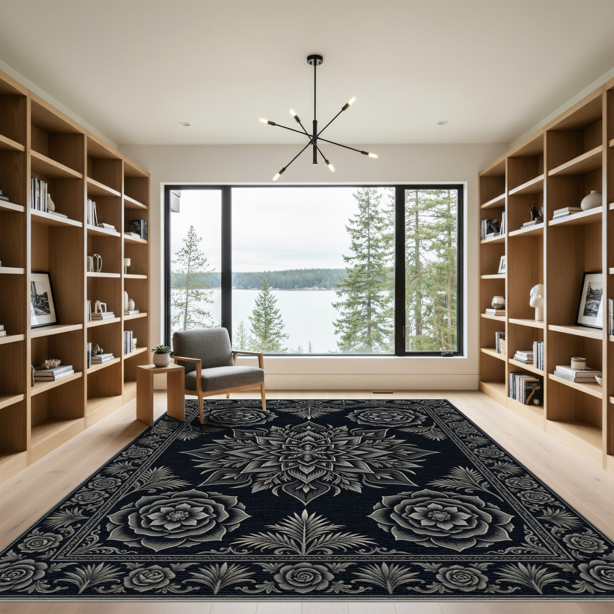 Elegant Charcoal Floral Mandala Medallion Rug