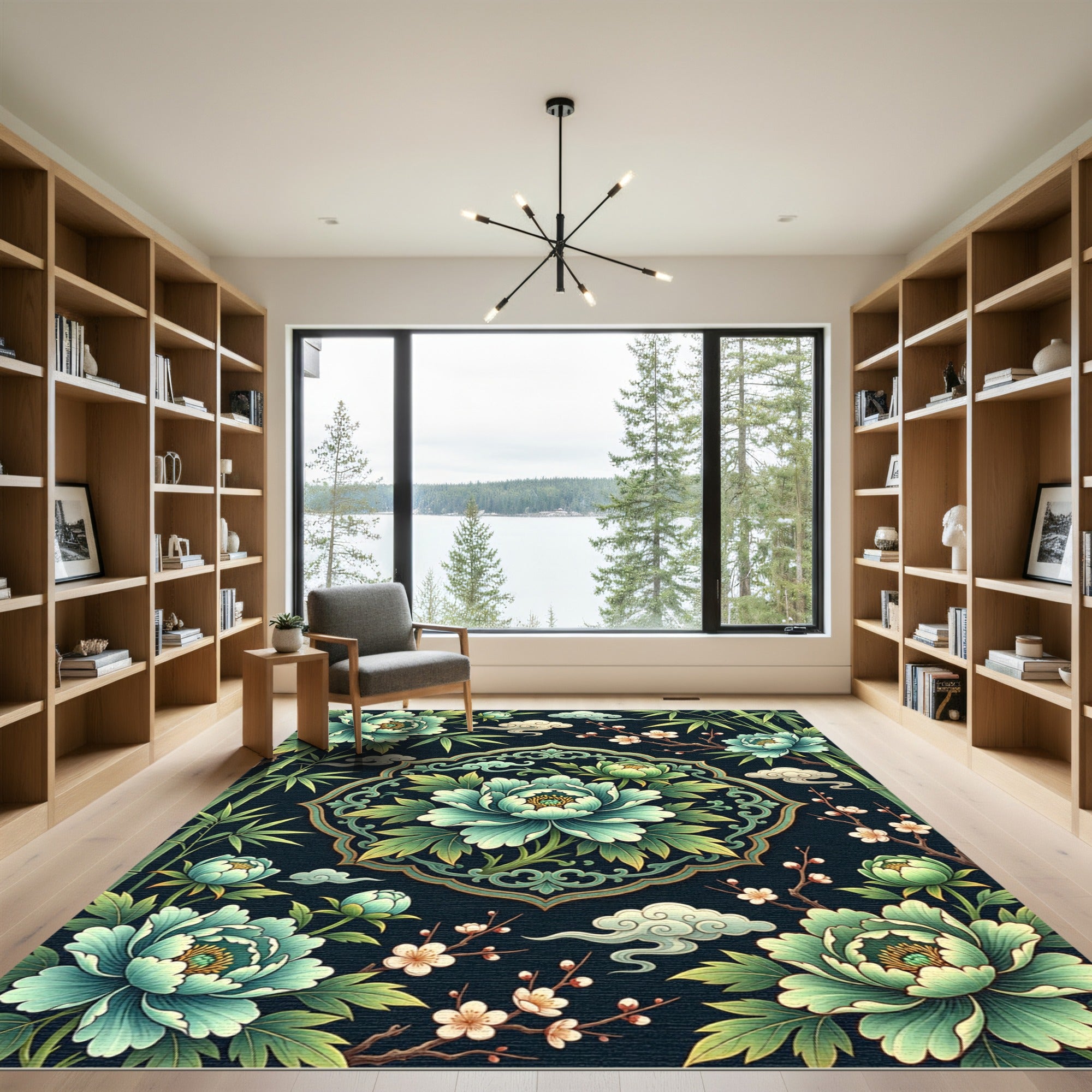 Elegant Teal Peony Bamboo Medallion Rug