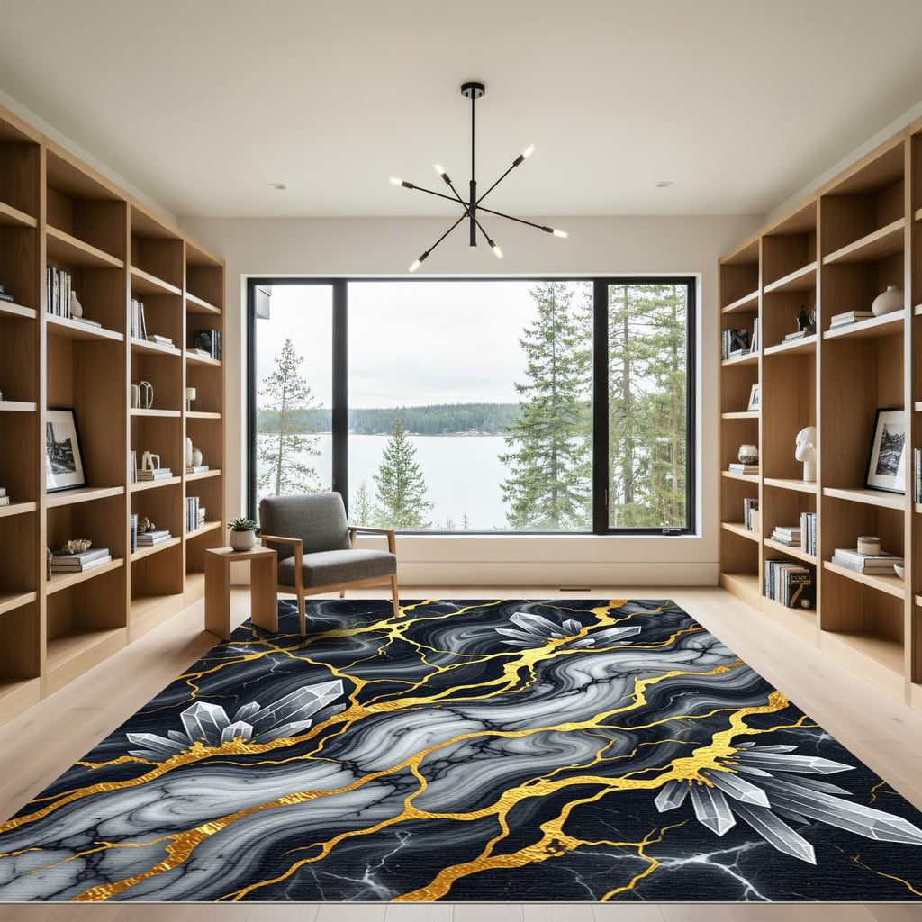 Gold Veined Black Marble Crystal Art Rug