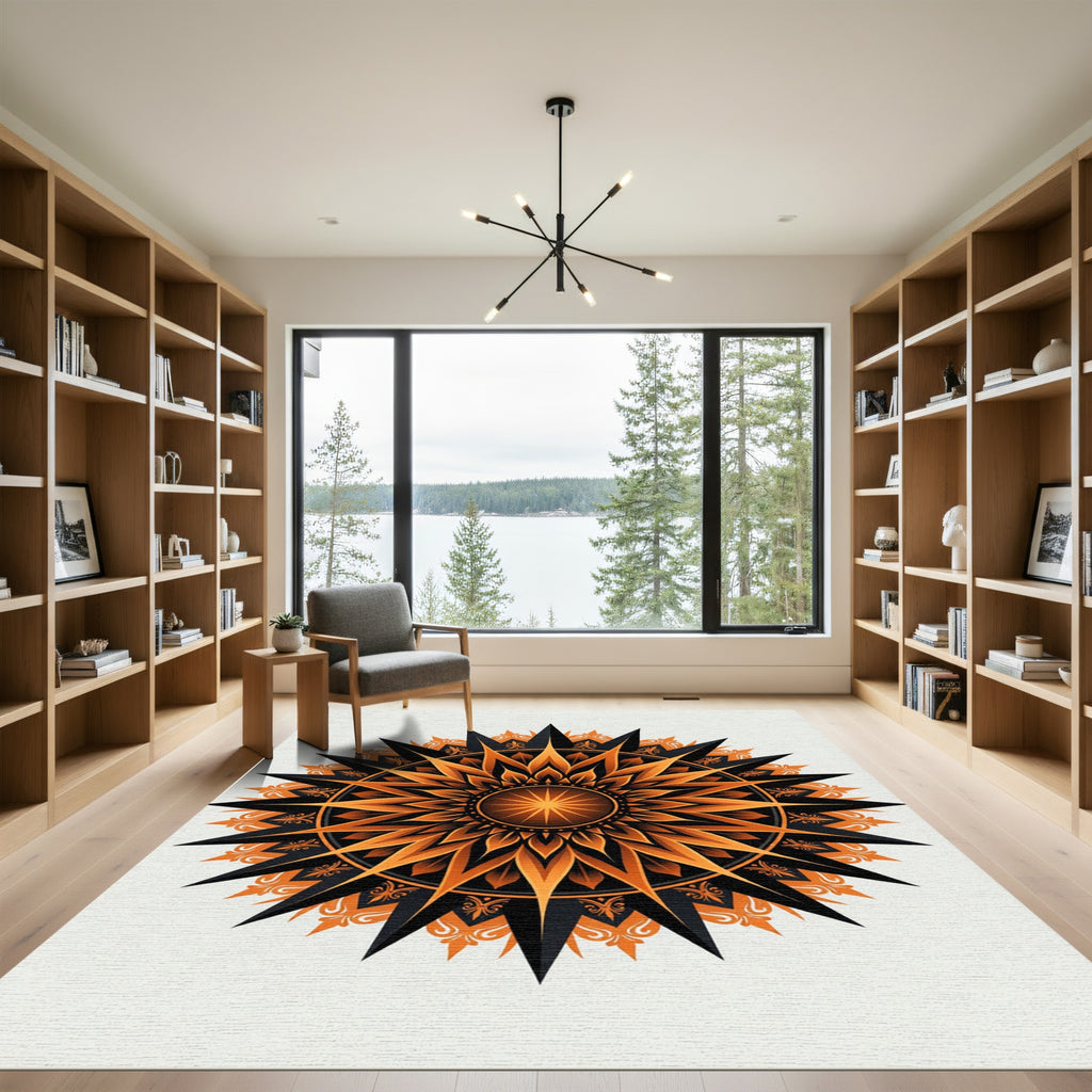 Radiant Black and Orange Sun Mandala Rug
