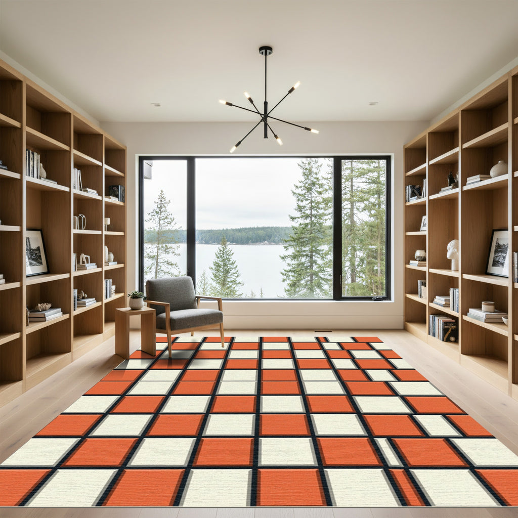Retro Orange White Checkered Squares Rug