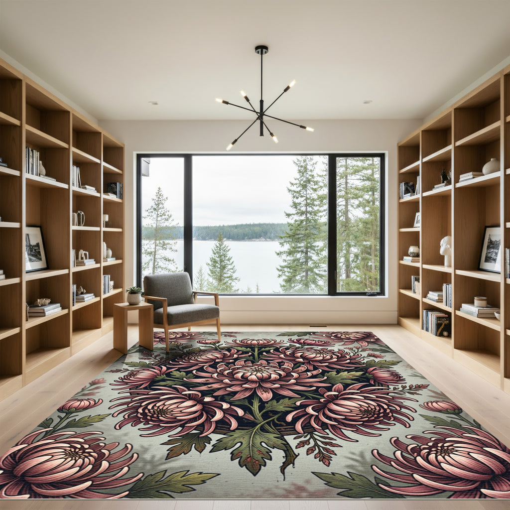 Blush Chrysanthemum Botanical Floral Wreath Rug
