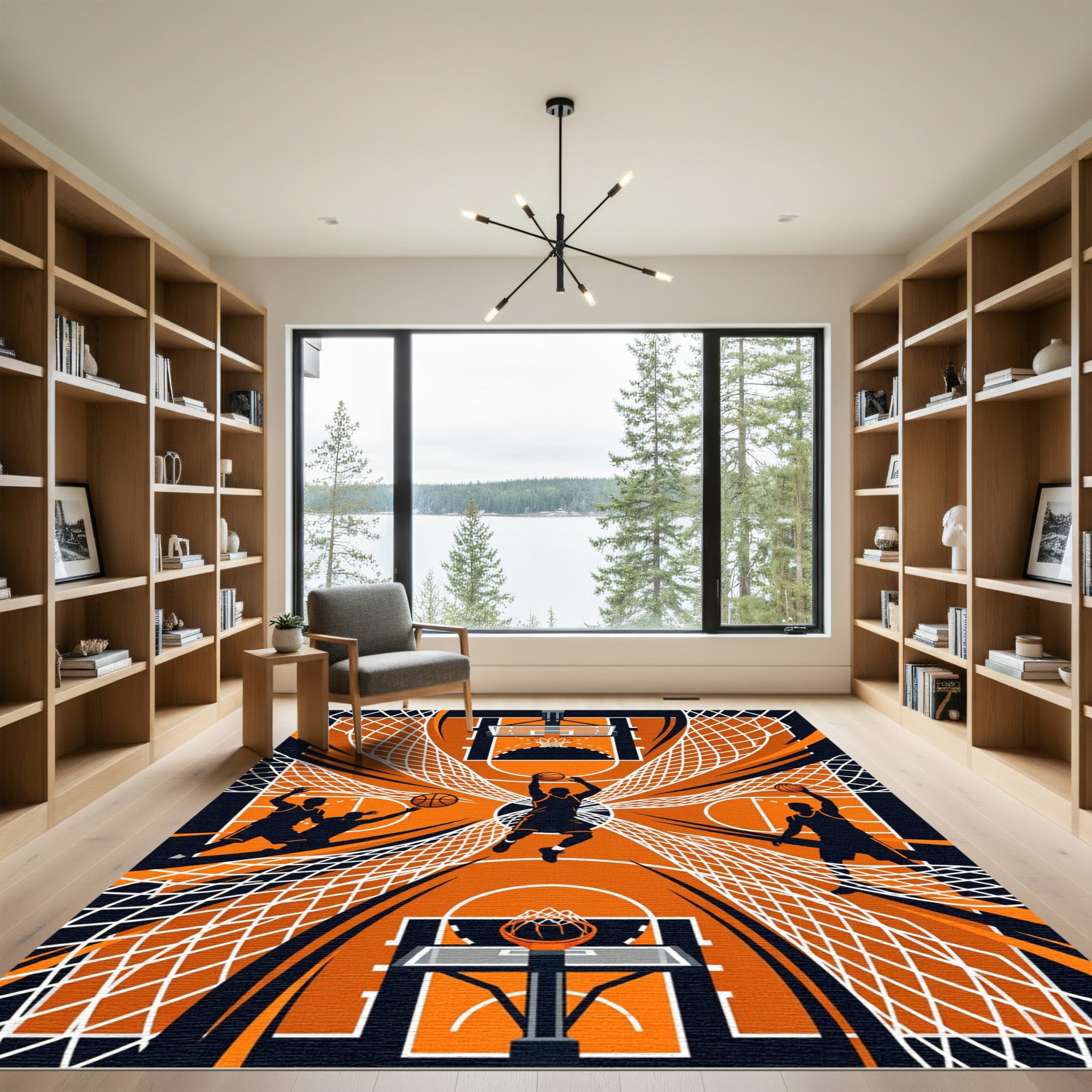 Dynamic Orange Black Basketball Hoop Court Rug