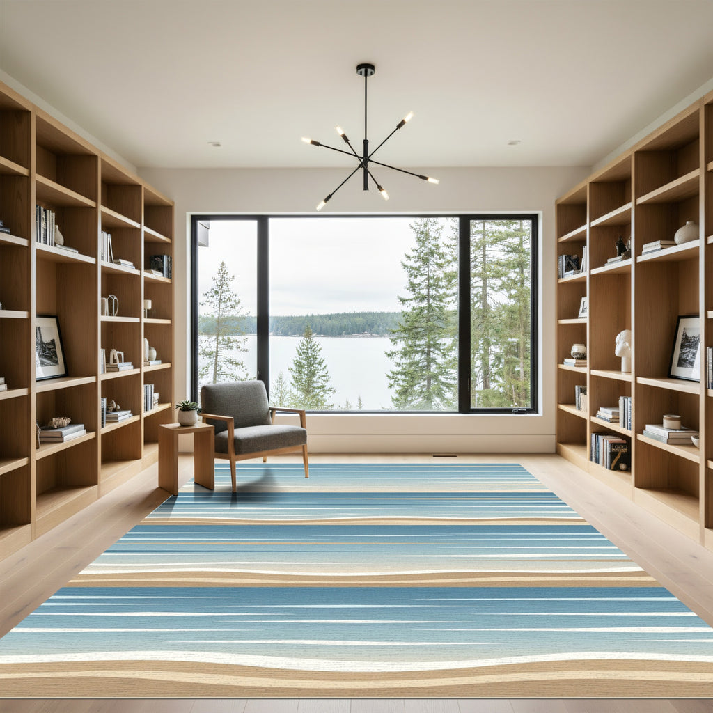 Coastal Blue Sand Layered Abstract Wave Rug
