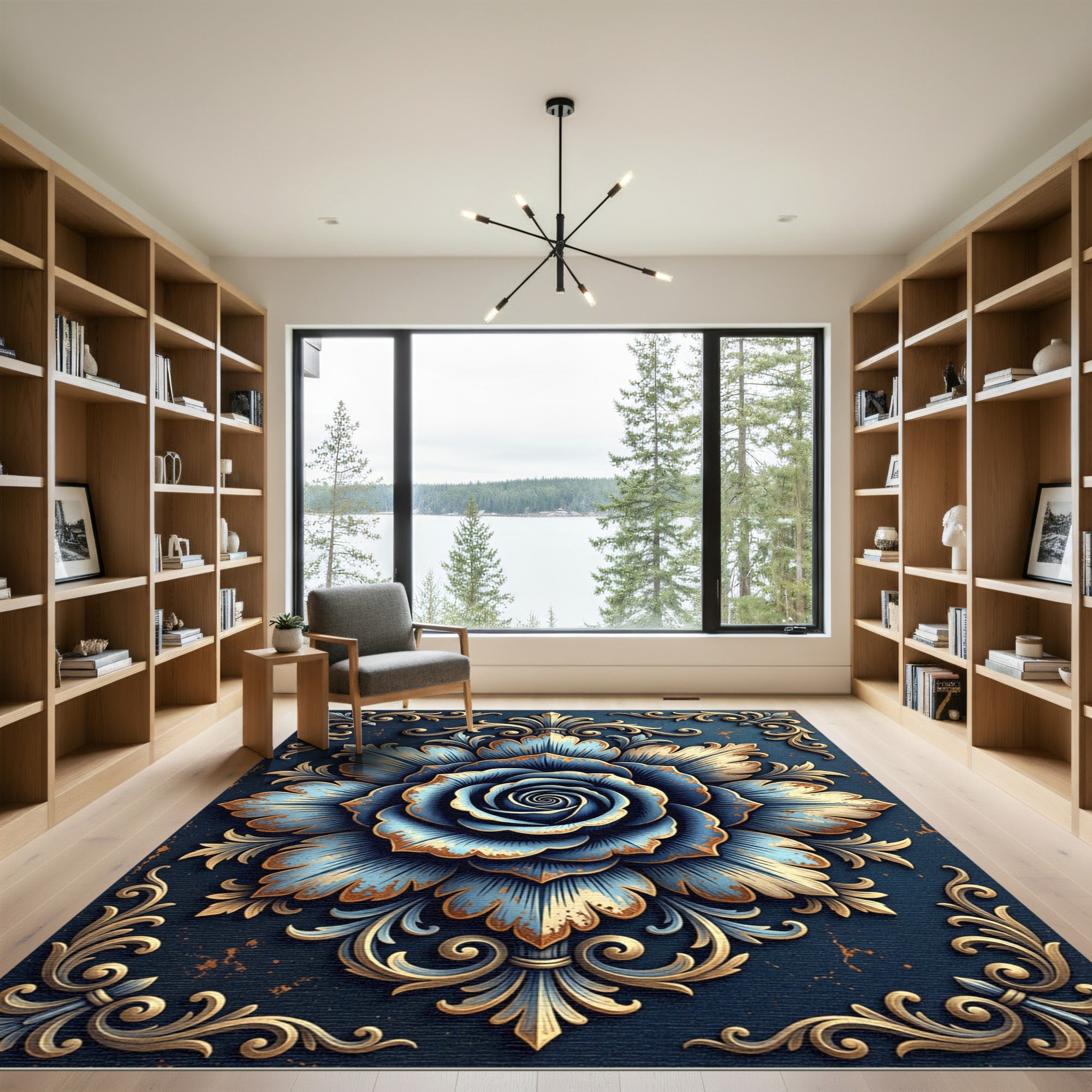 Classic Blue Gold Floral Medallion Rug
