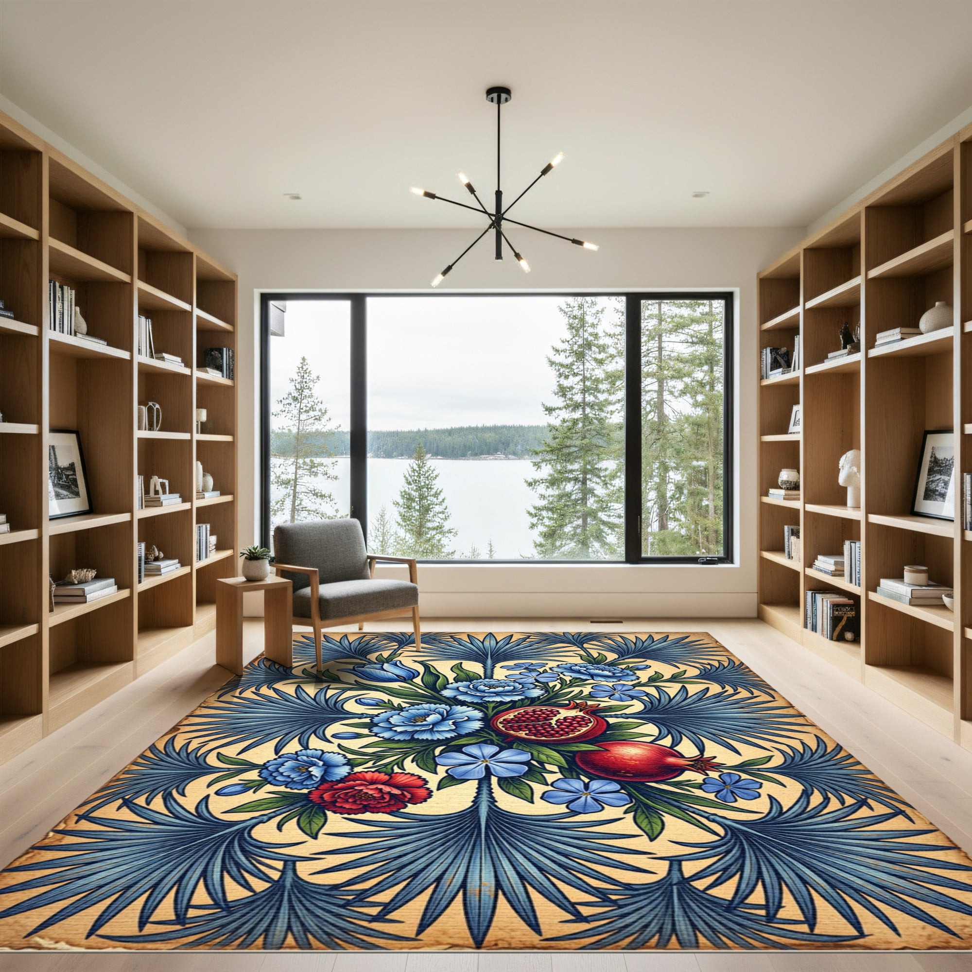 Crimson Pomegranate Blue Floral Fan Rug