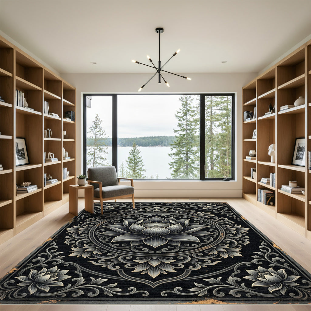 Elegant Silver Lotus Mandala Monochromatic Rug