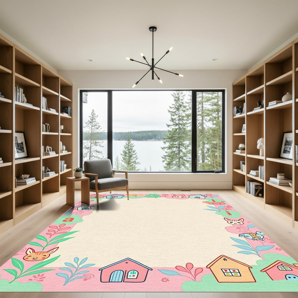 Whimsical Pink Houses Bunnies Frame Rug