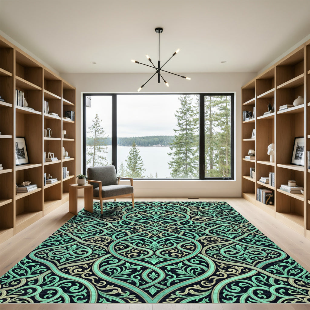 Intricate Teal Beige Arabesque Lattice Rug