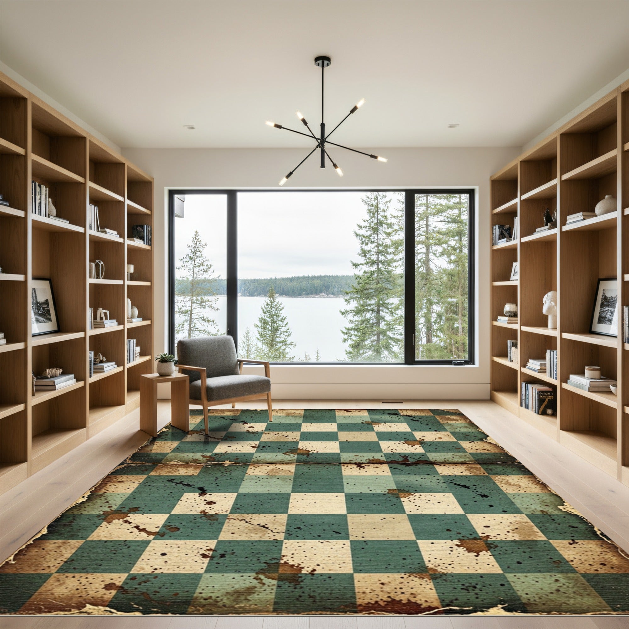 Distressed Teal and Cream Checkerboard Rug