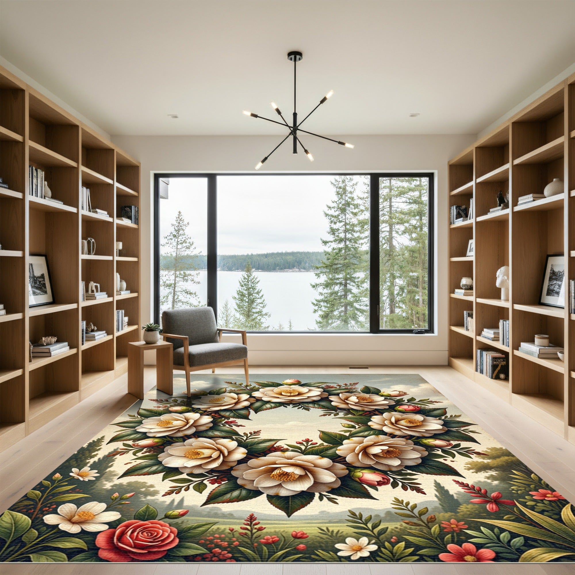 Cream Camellia Wreath Botanical Art Rug