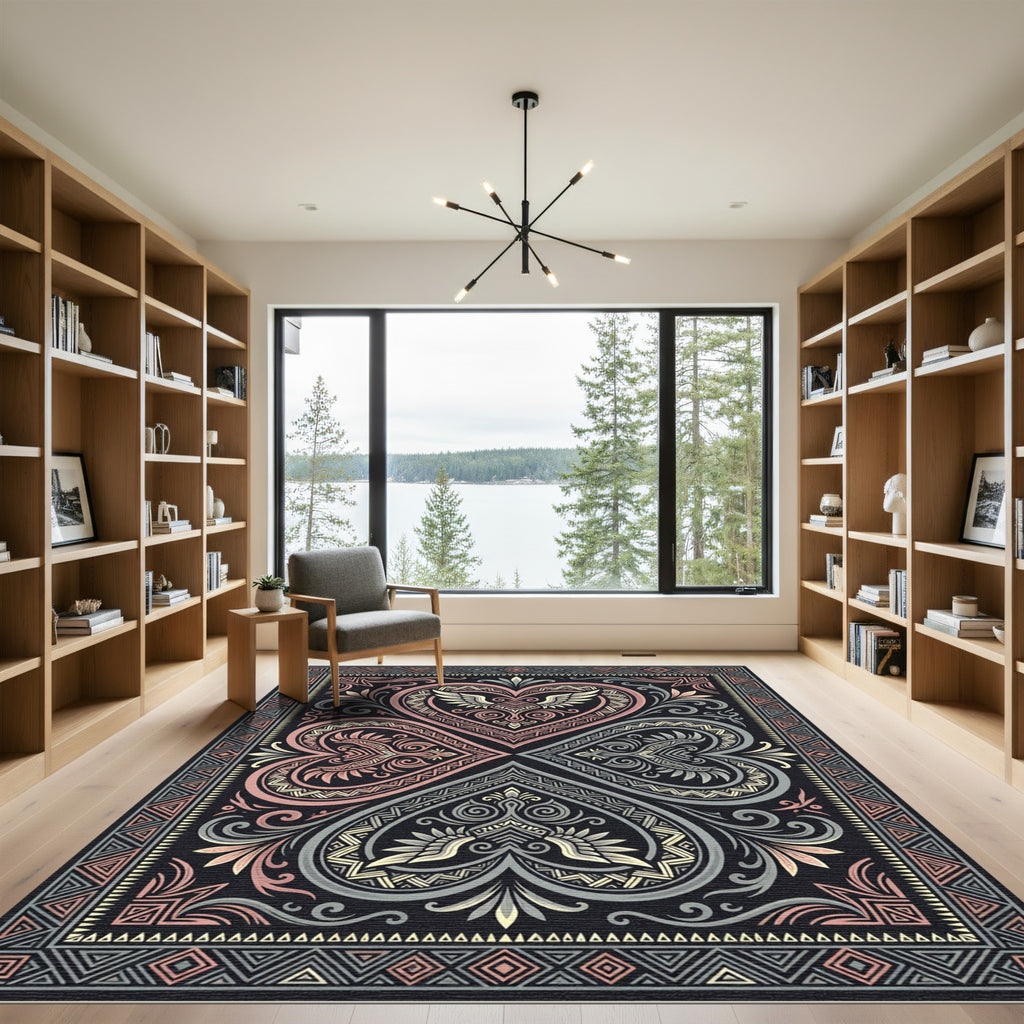 Ornate Winged Heart Floral Geometric Rug