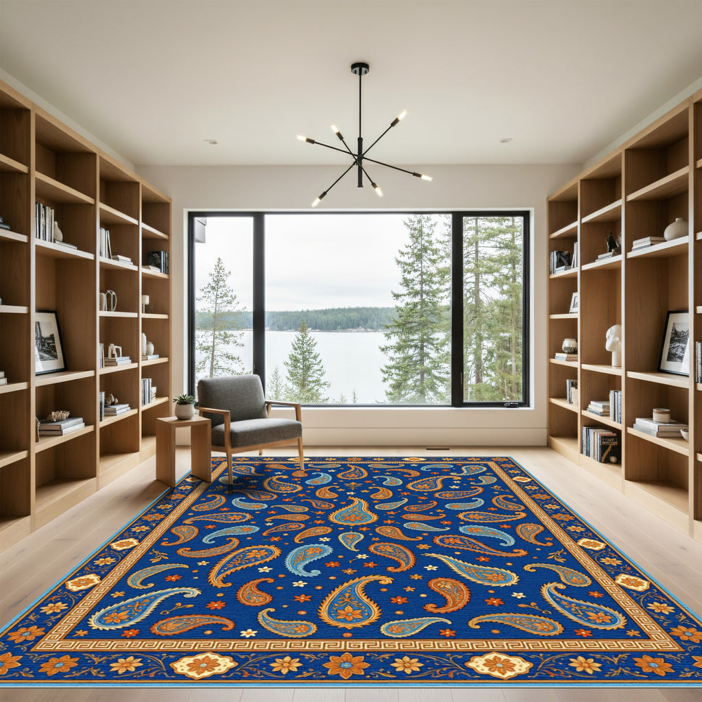 Elegant Navy Paisley Floral Mandala Rug