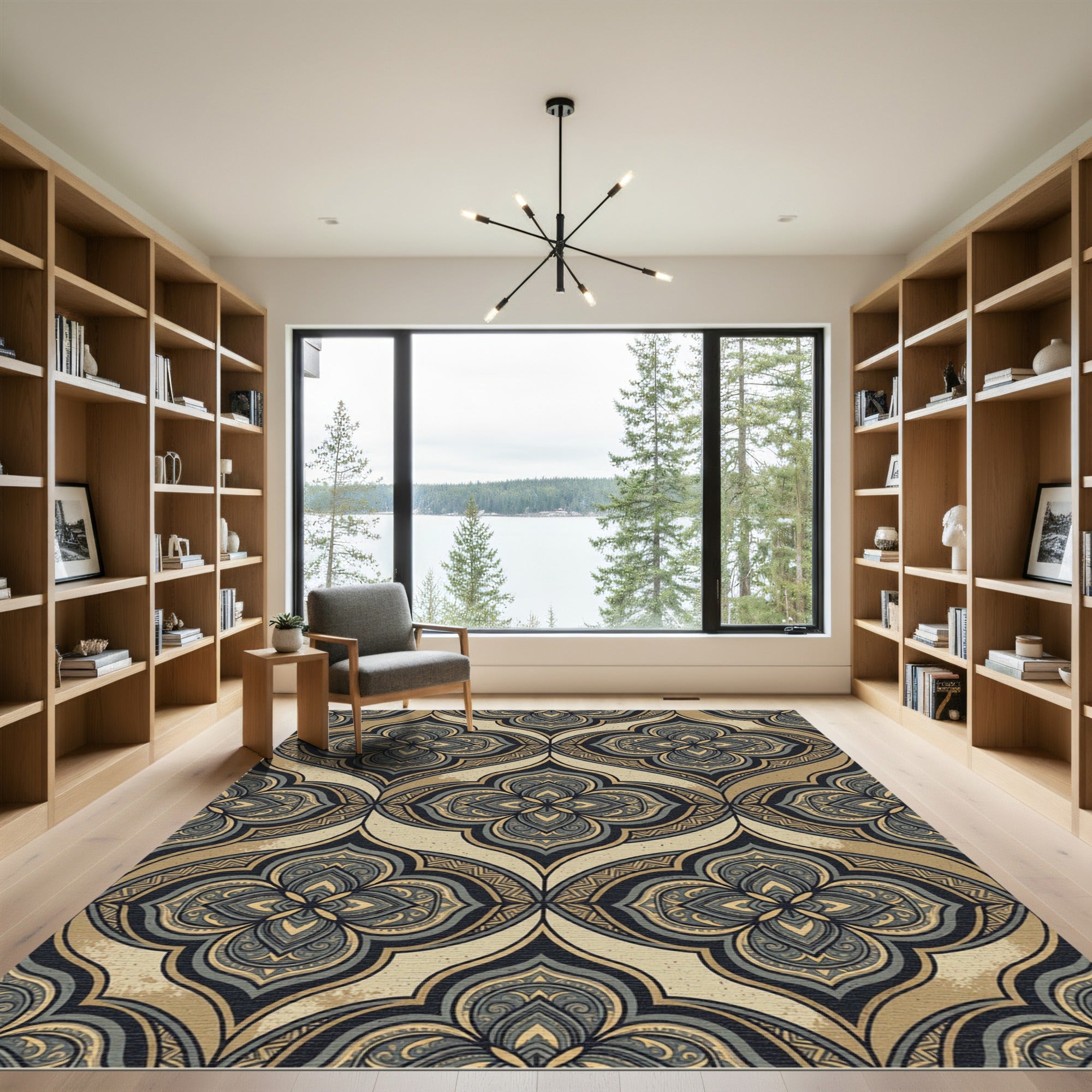 Ornate Midnight Gold Damask Medallion Rug