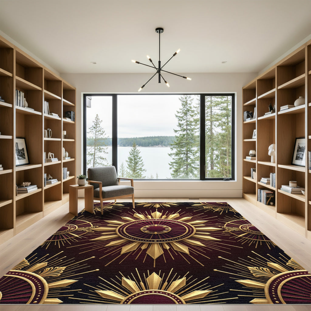 Luxurious Golden Sunburst Crimson Medallion Rug