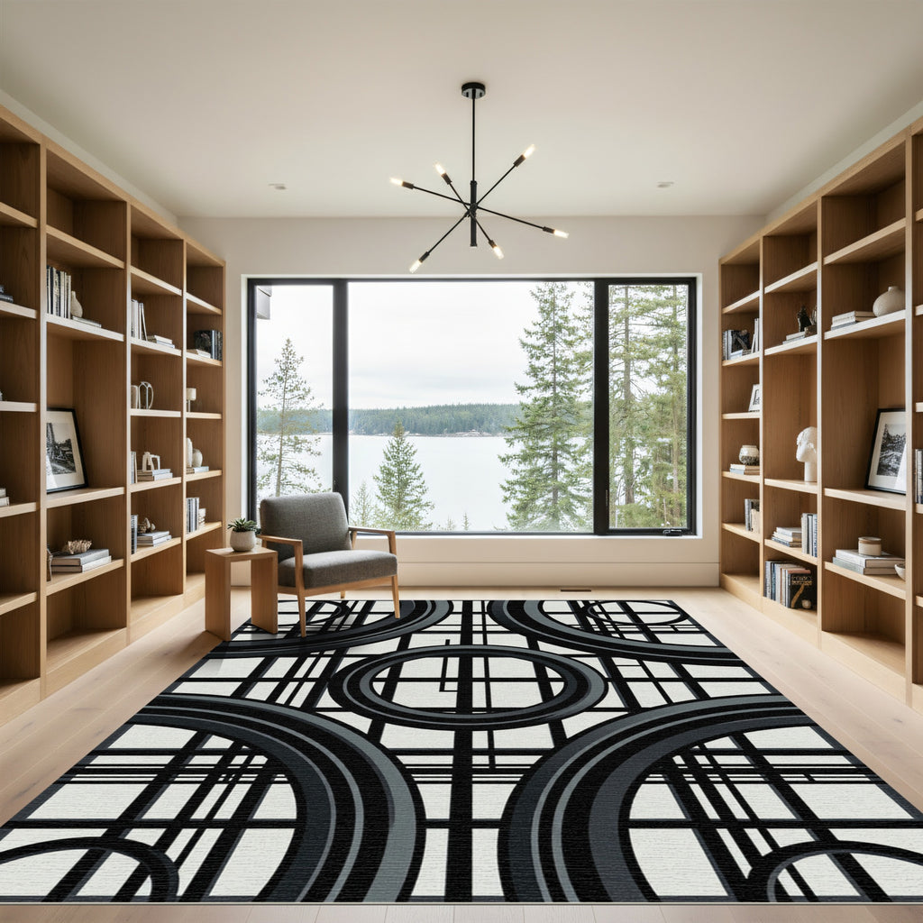 Bold Black Ring Grid Composition Rug