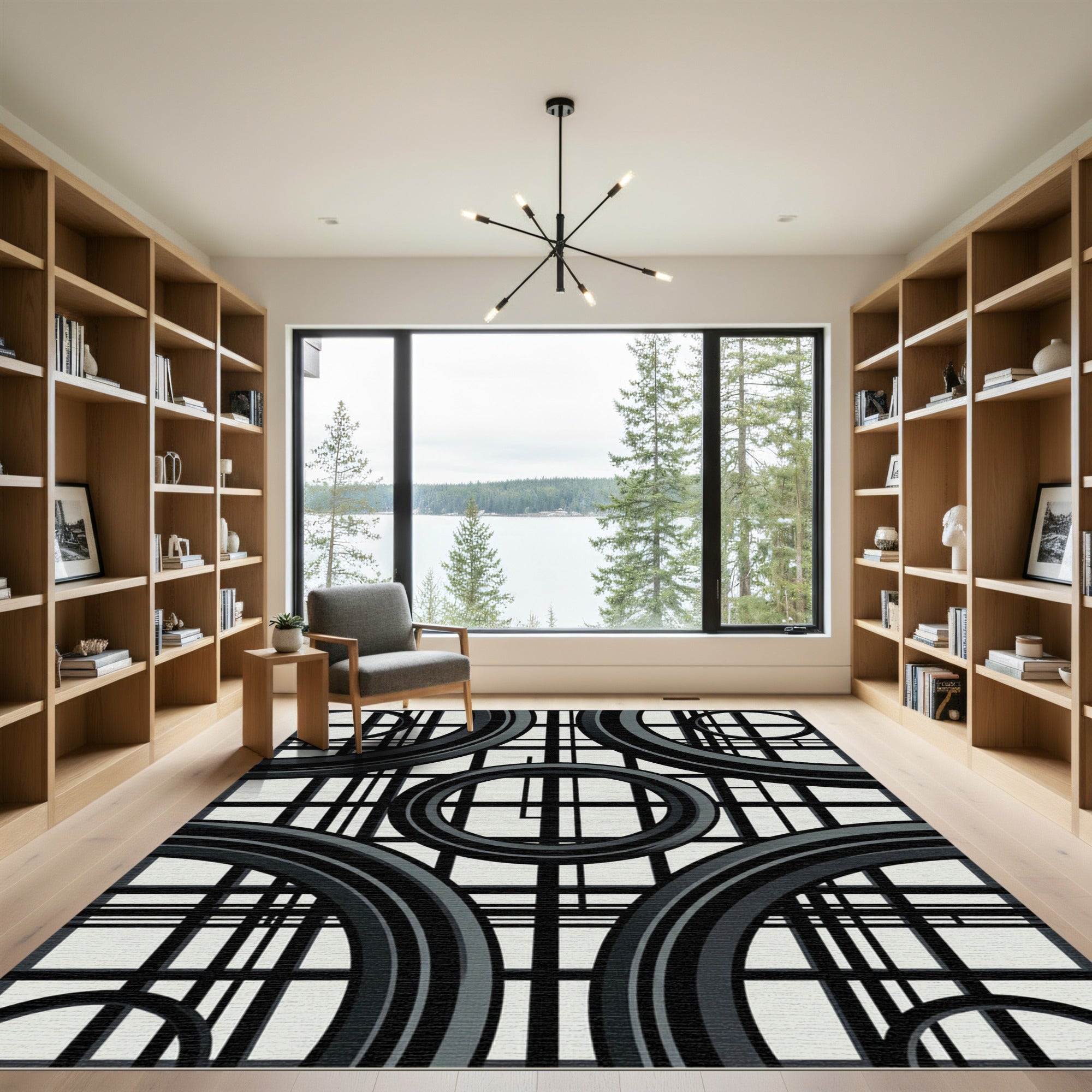 Bold Black Ring Grid Composition Rug
