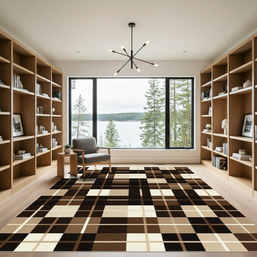 Modern Chocolate Brown Grid Checkered Rug