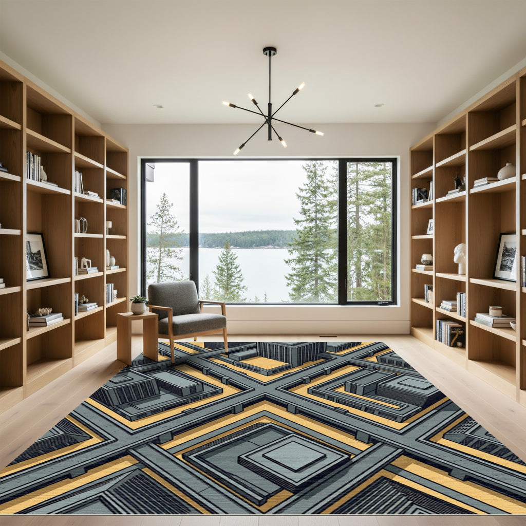 Isometric Gray Futuristic Urban Street Grid Rug