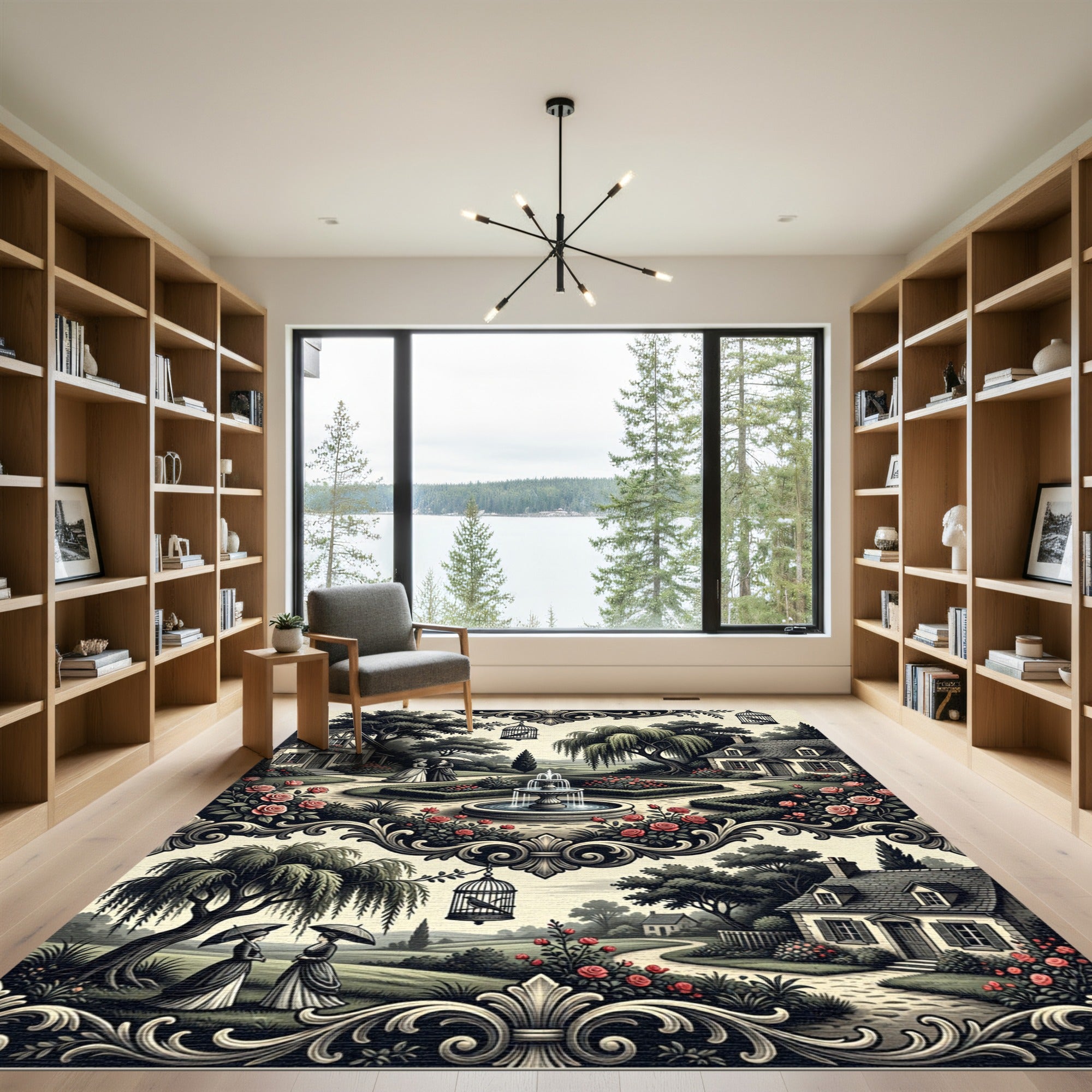 Victorian Rose Garden Village Scene Rug