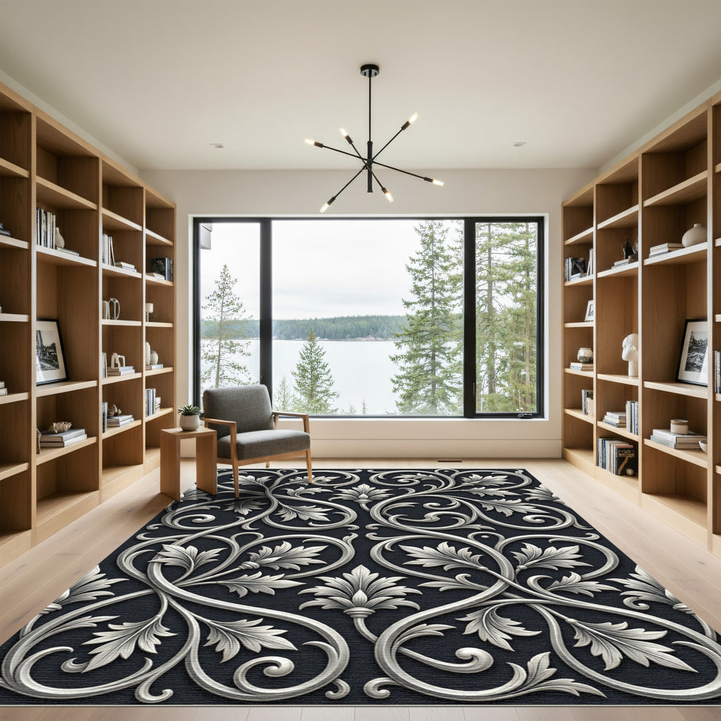 Ornate Silver Leaf Scroll Work Rug