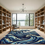 Indigo Wave Japanese Inspired Artistic Swirl Rug