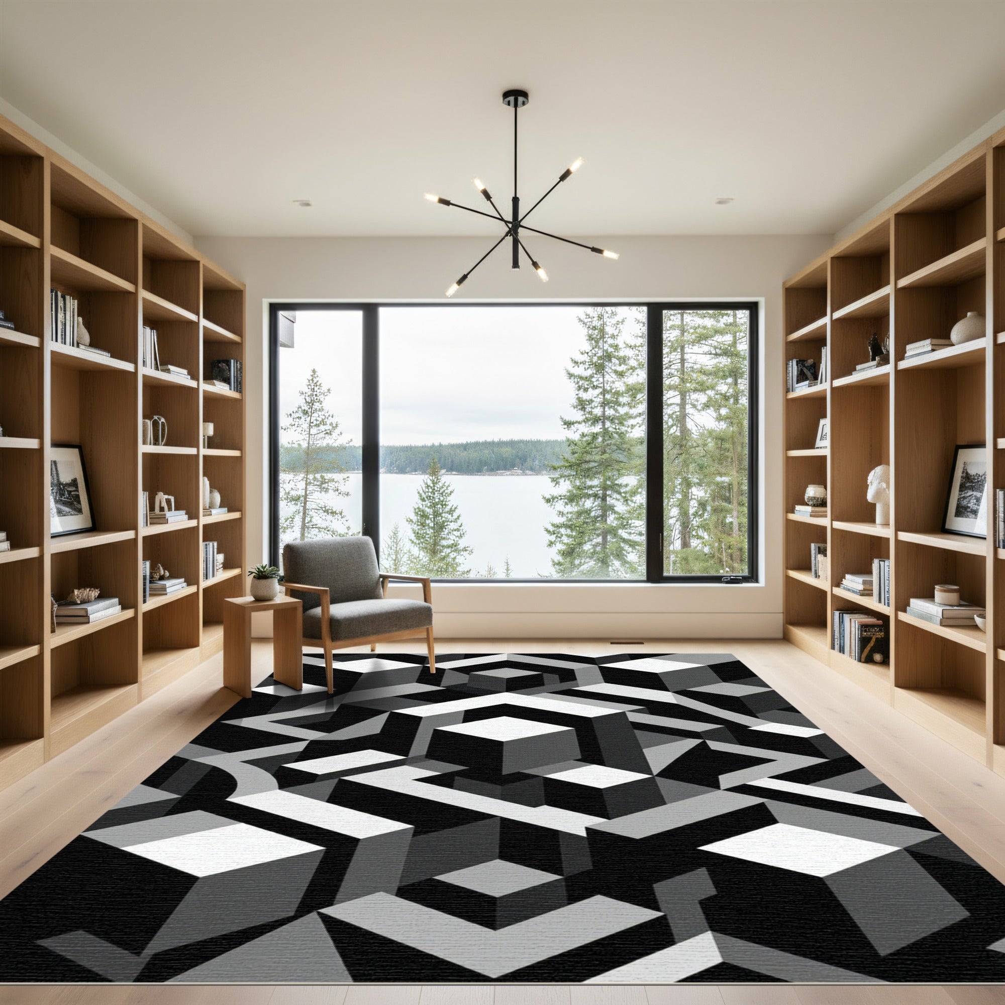 Monochrome Geometric Isometric Cube Art Rug