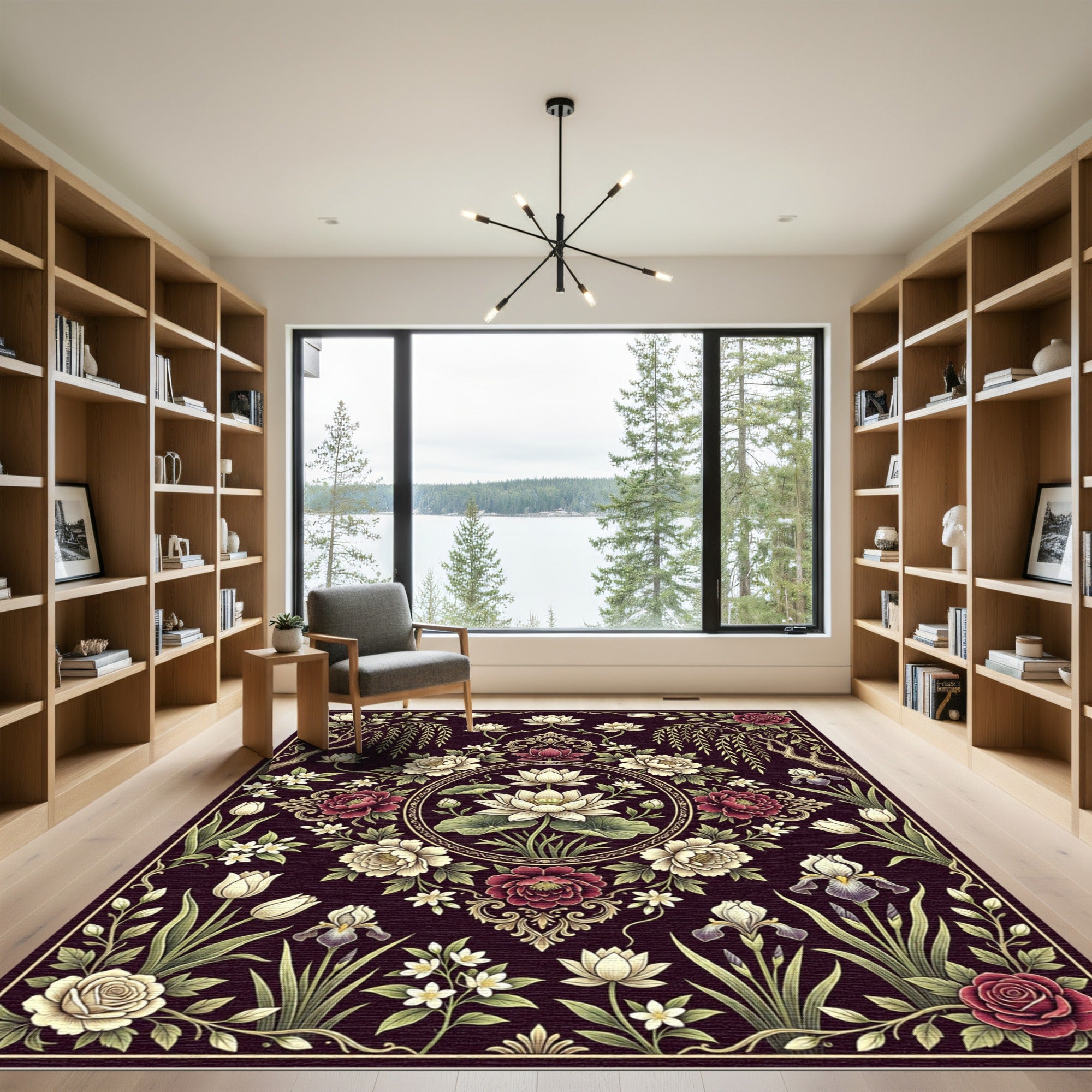 Elegant Dark Floral Lotus Medallion Rug