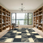 Black Cream Distressed Plaid Squares Rug
