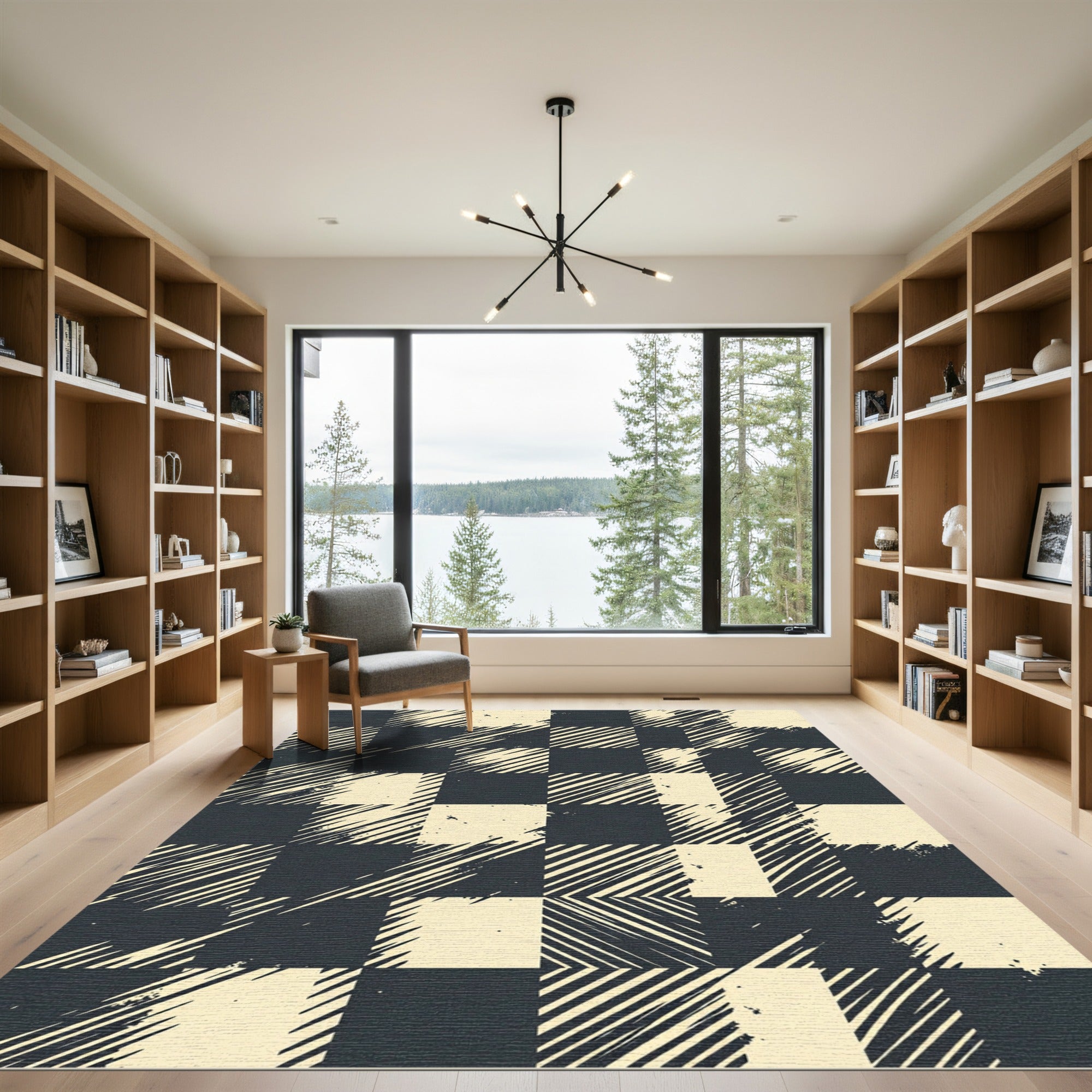 Black Cream Distressed Plaid Squares Rug