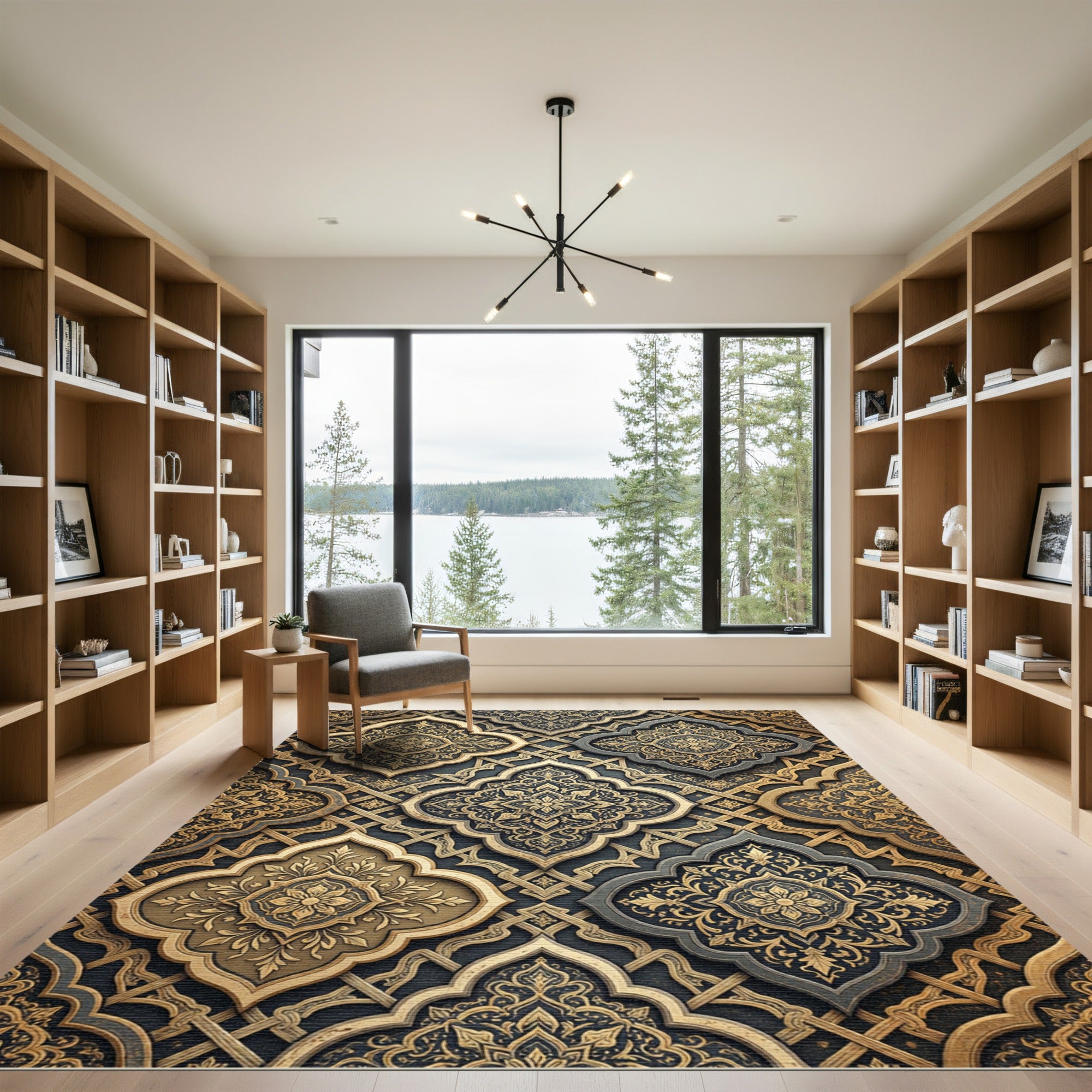 Golden Damask Filigree Slate Lattice Rug