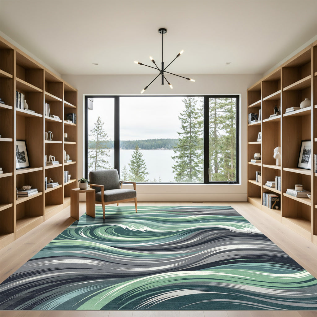 Sage and Slate Abstract Ocean Wave Rug
