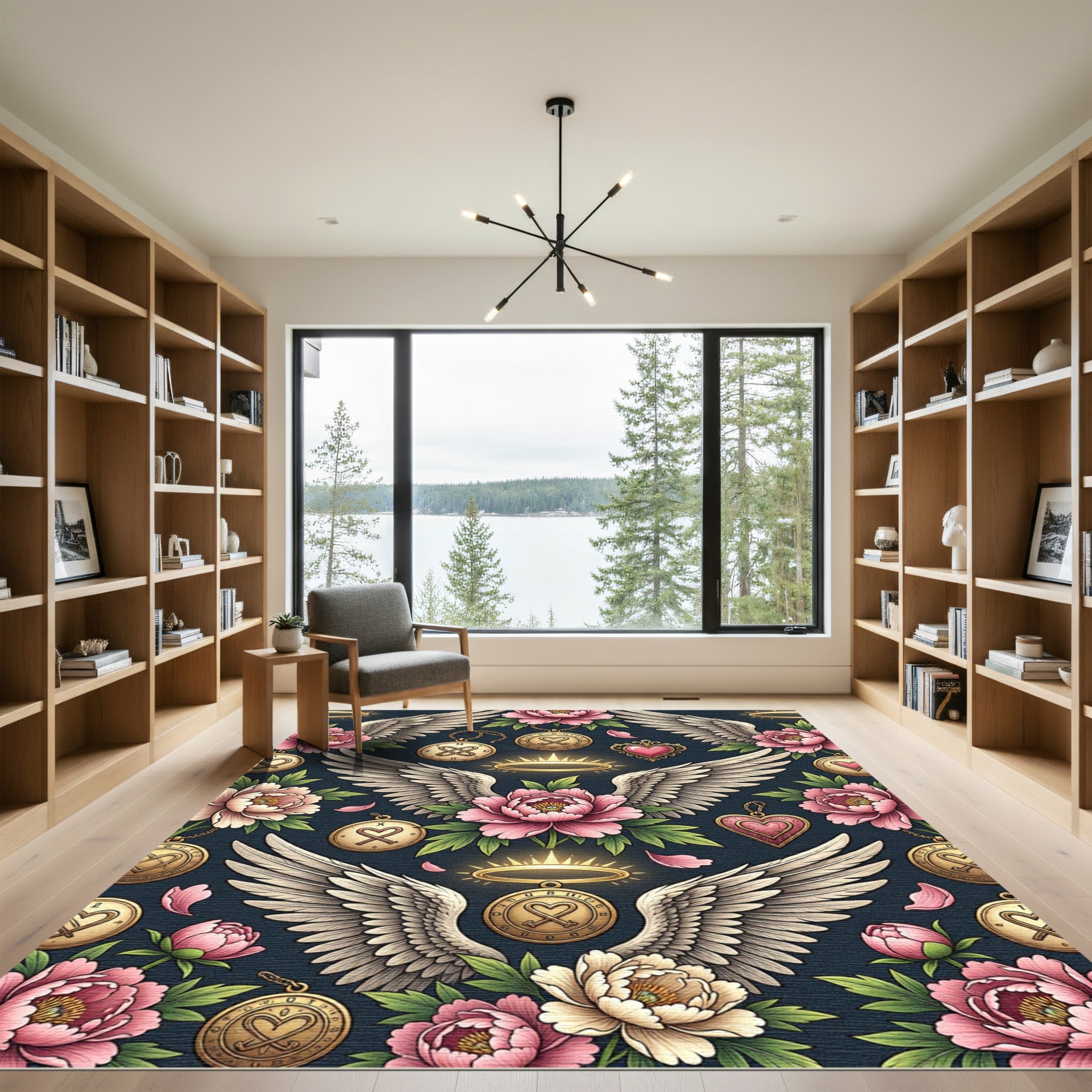 Pink Peony Angel Wing Heart Medallion Rug