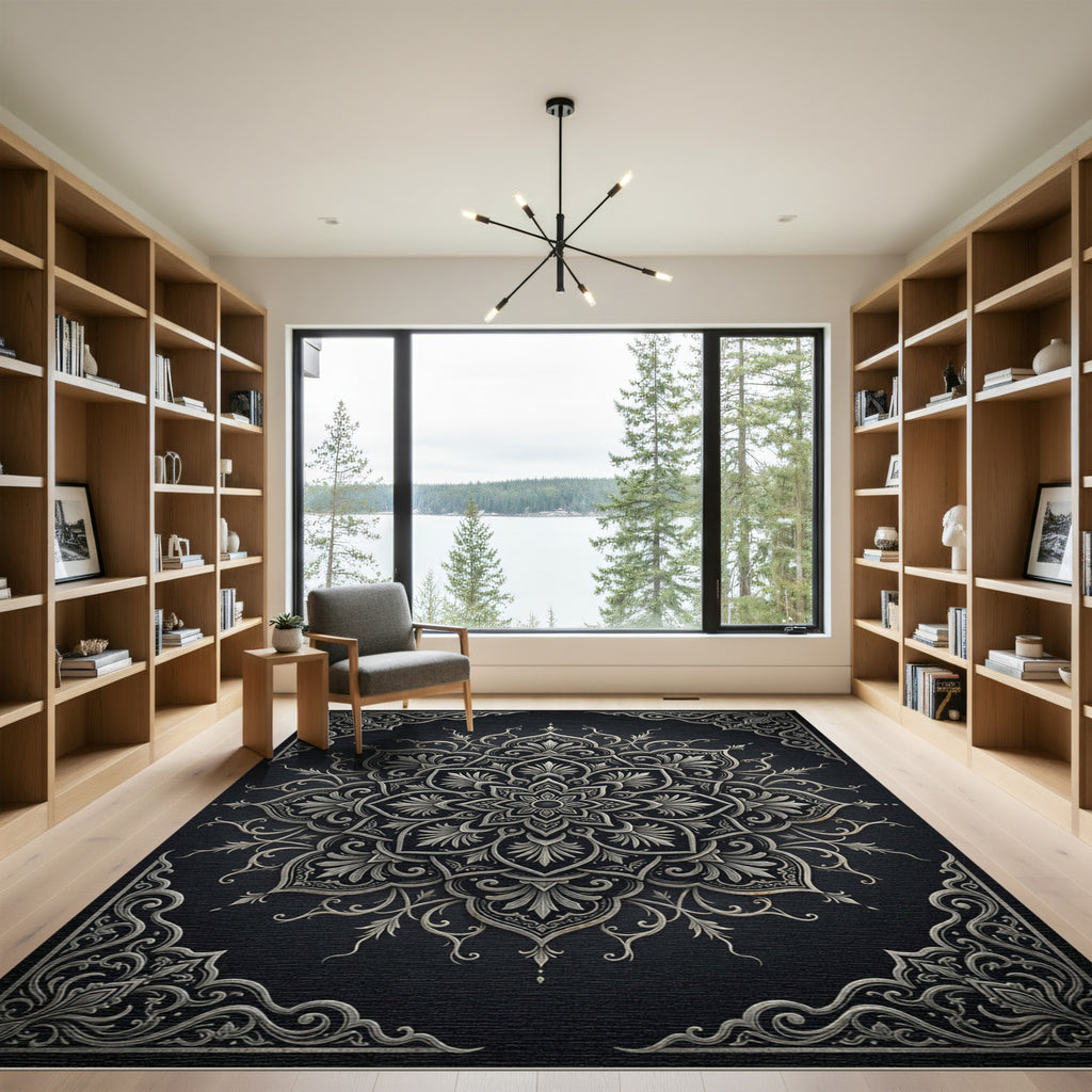 Ornate Silver Mandala Floral Medallion Rug