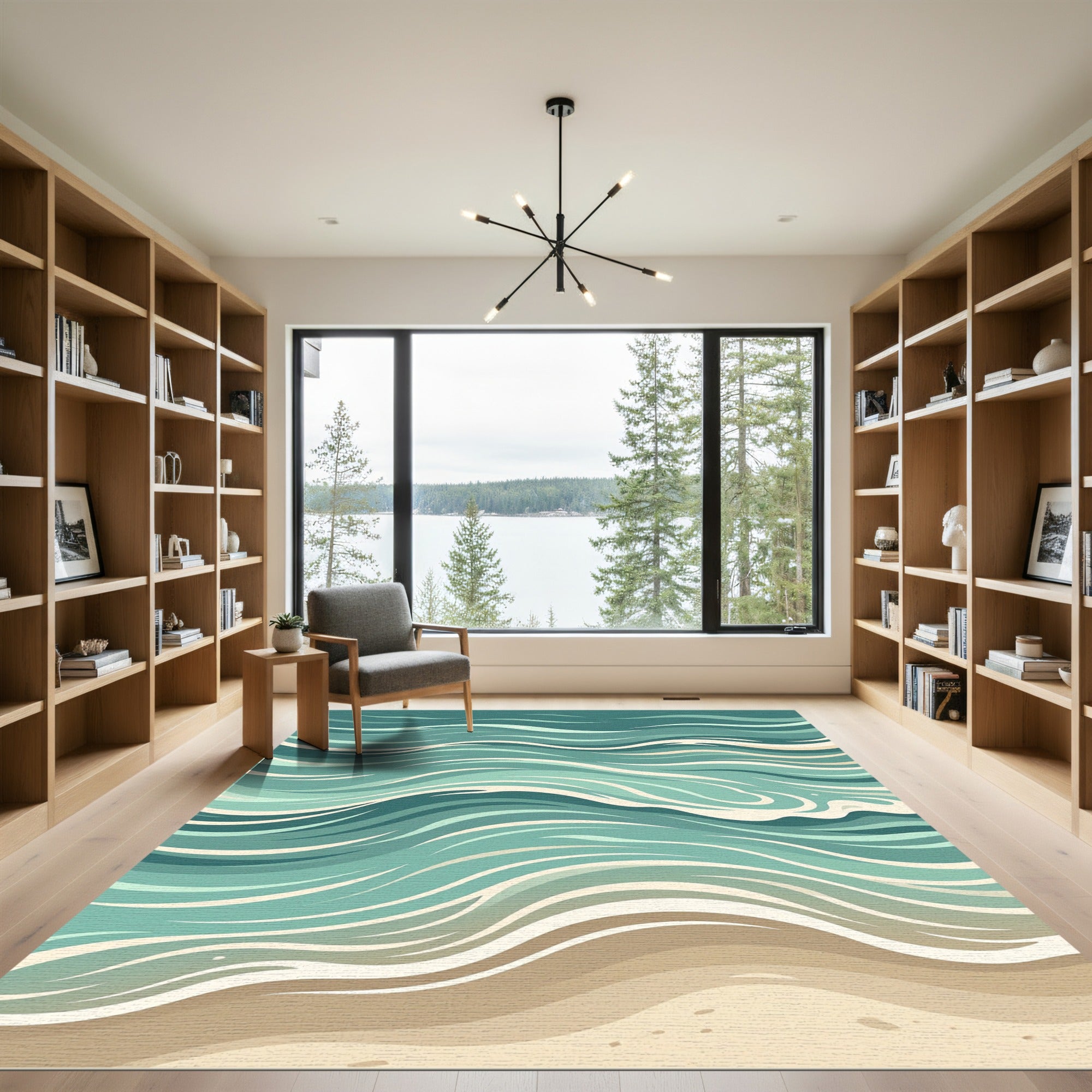 Abstract Teal Sea Wave Tapestry Rug