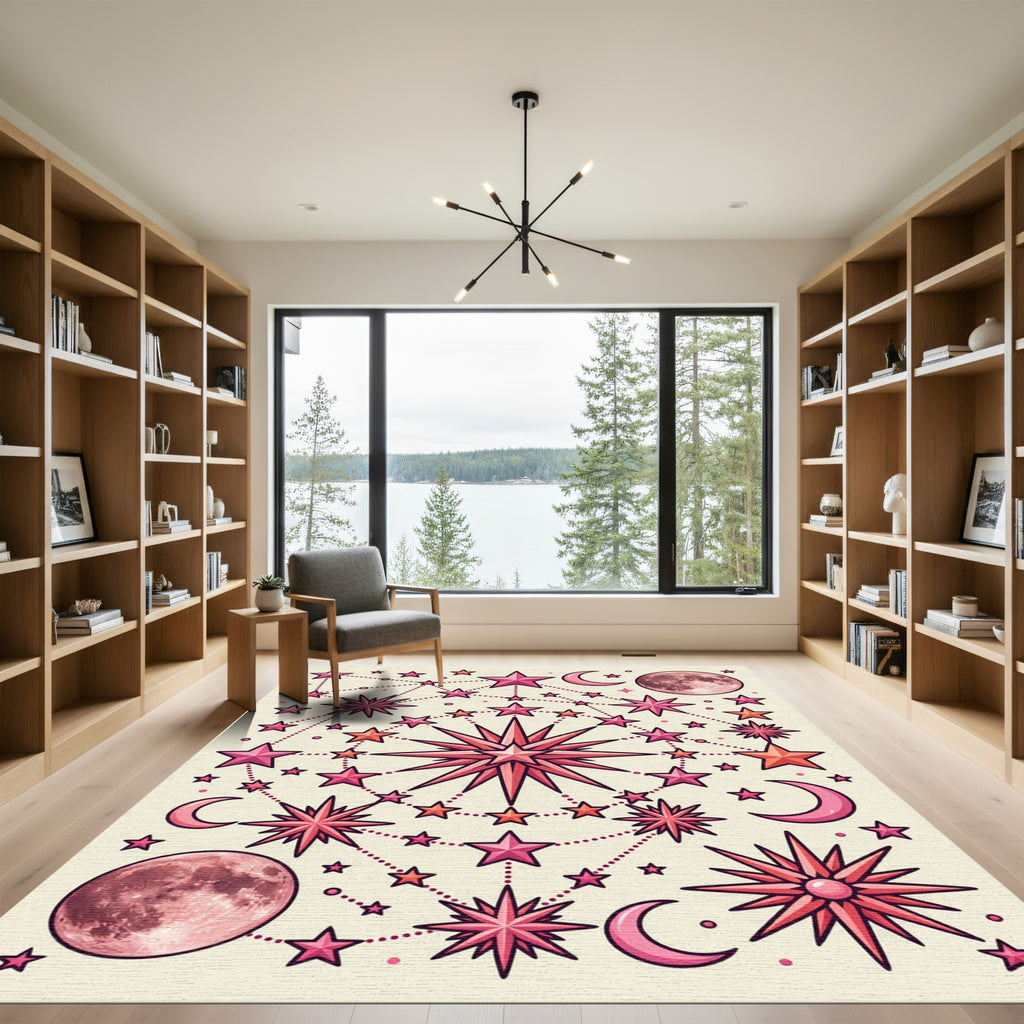 Celestial Pink Star Moon Constellation Rug