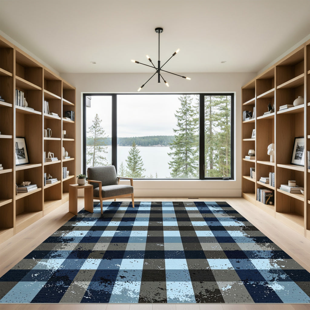 Distressed Navy and Sky Checkered Rug