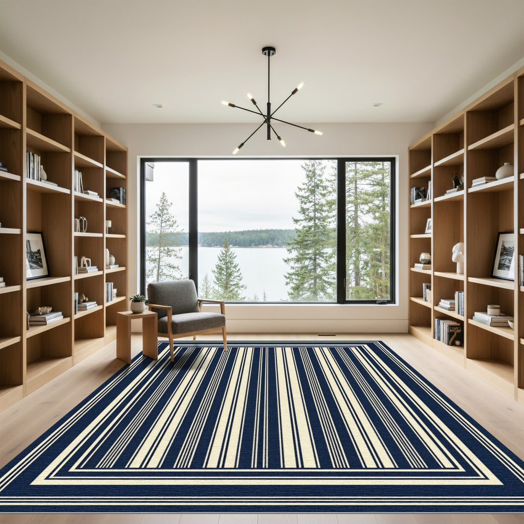 Classic Navy Cream Vertical Stripes Rug