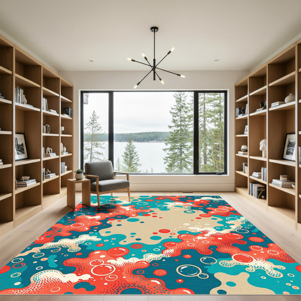Vibrant Coral Teal Bubbling Abstract Art Rug