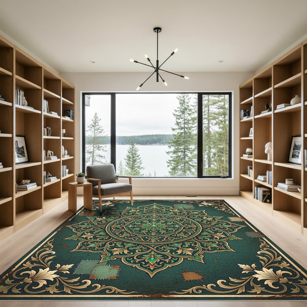 Emerald Ornate Floral Medallion Distressed Tapestry Rug